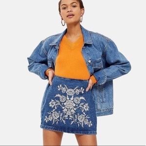 NWT Topshop Silver Floral Embroidered Denim Skirt